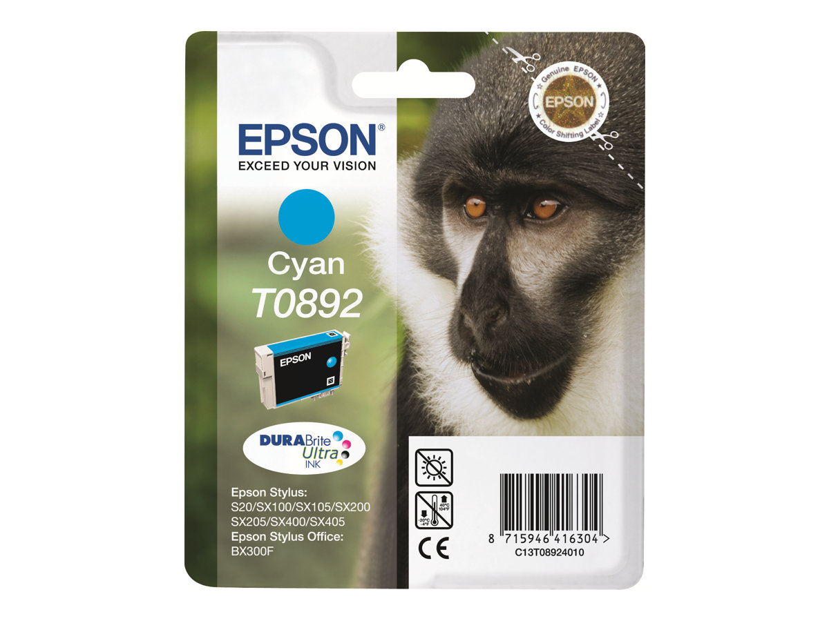 Epson T0892 - 3.5 ml - Cyan - Original - Blisterverpackung - Tintenpatrone - für Stylus S21, SX105, SX110, SX115, SX210, SX215, SX400, SX410, SX415; Stylus Office BX300