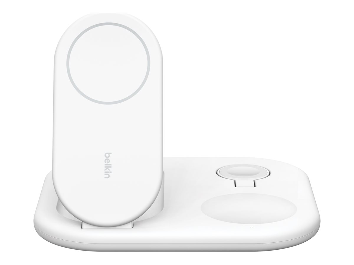 Belkin BoostCharge 3-in-1 - Kabelloses Ladegerät - magnetisch, faltbar, mit Qi2 + AC-Netzteil - 15 Watt - Fast Charge - weiß