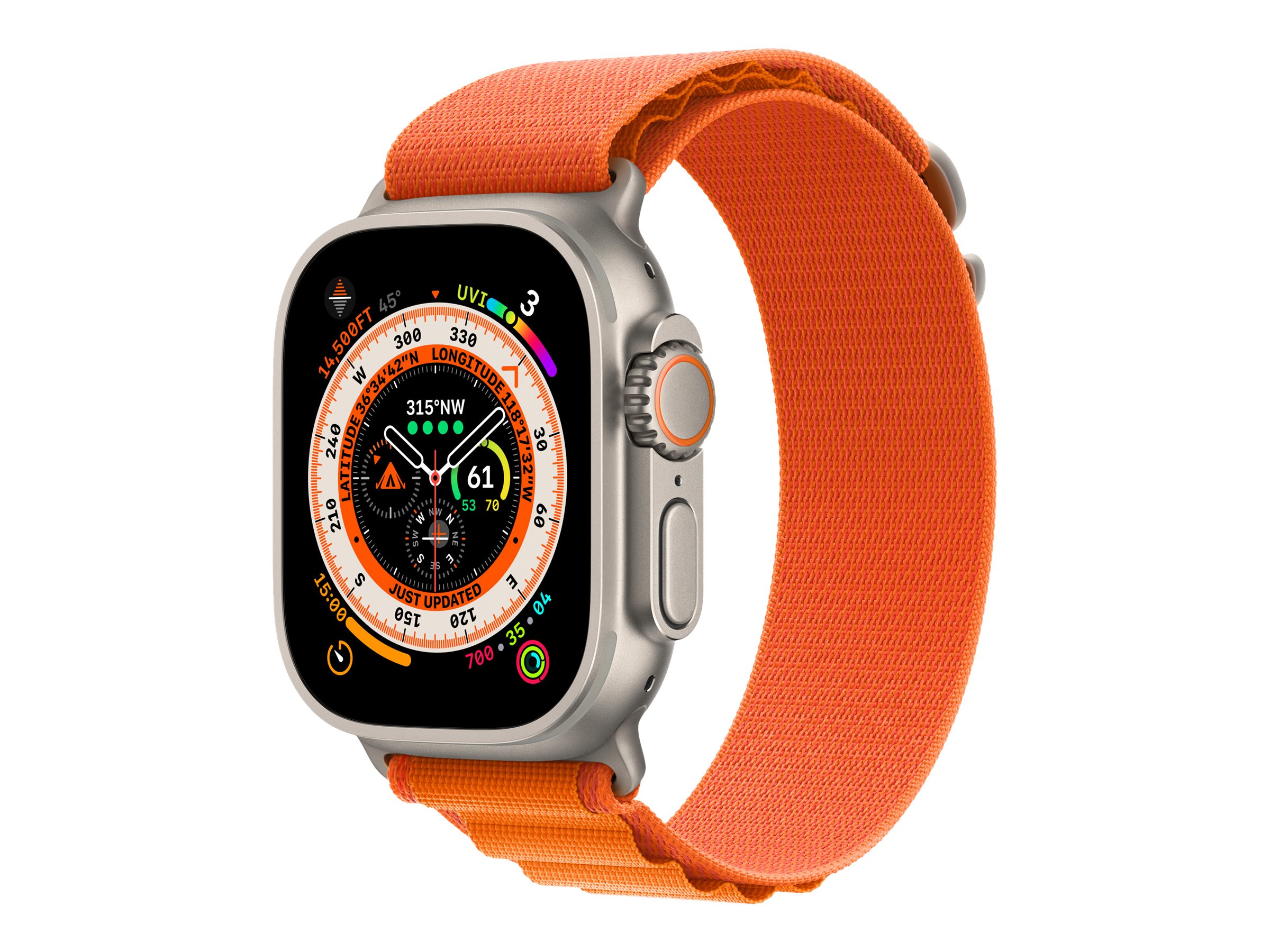 Apple Watch Ultra - 49 mm - Titan - intelligente Uhr mit Alpine Loop - Stoff - Orange - Bandgröße: M - 32 GB - Wi-Fi, LTE, UWB, Bluetooth - 4G - 61.3 g