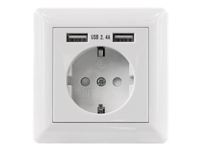 Intellinet Wandsteckdose mit zwei integrierten USB Typ A-Ladeports, Unterputz, CEE 7/3 (Schutzkontakt), zwei USB-Ports mit 5 V / 2,4 A Ausgangsleistung, Frontblende im europäischen Format 80 x 80 mm - Ausgang - oberflächenbündig montierbar - Strom CEE 7/3