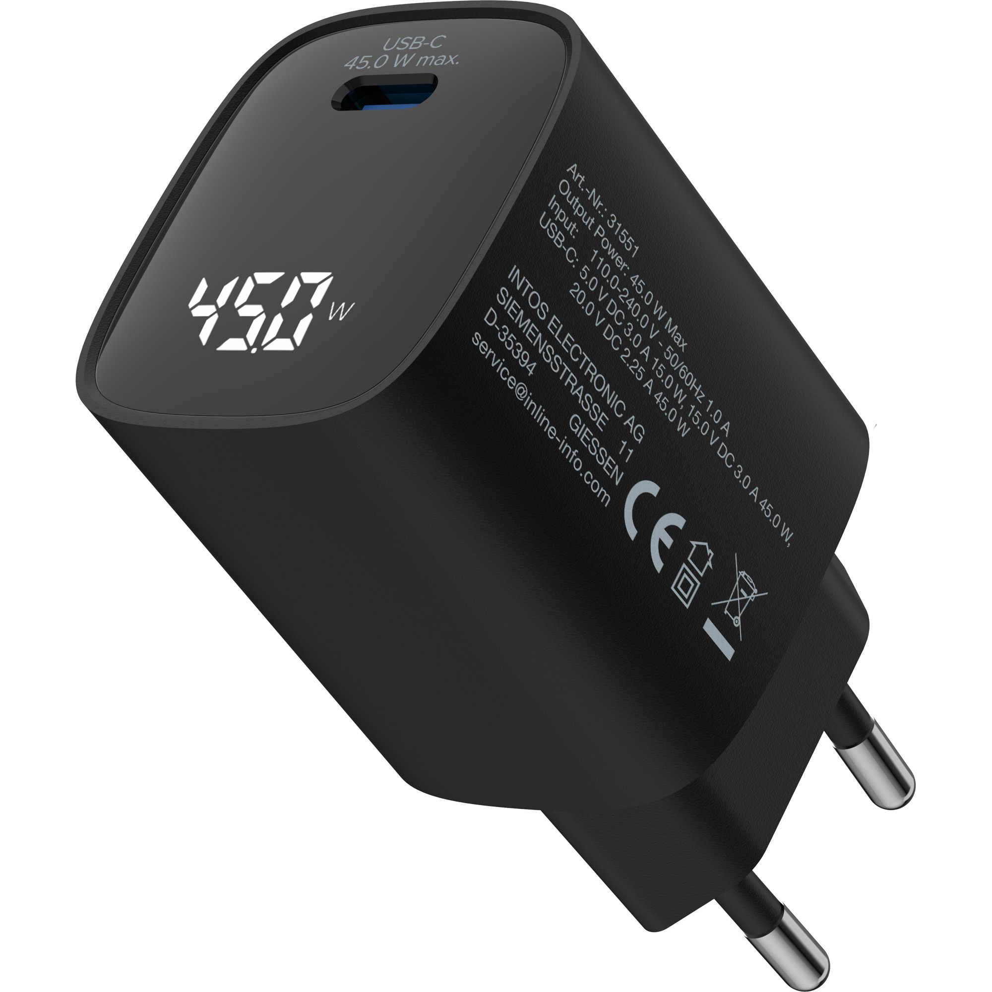 InLine USB PD Netzteil - GaN Ladegerät - 1-Port - USB-C - 45W - mit Display