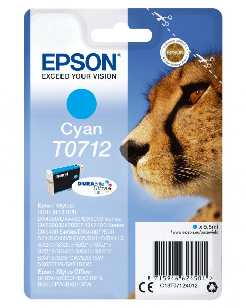Epson T0712 - 5.5 ml - Cyan - Original - Tintenpatrone - für Stylus DX9400, SX115, SX210, SX215, SX218, SX415, SX515, SX610; Stylus Office BX310, BX610