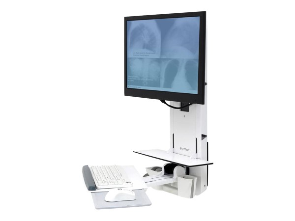 Ergotron Sit-Stand Vertical Lift, Patient Room - Befestigungskit (Handgelenkkissen, Maushalterung, vertikale Verstellschiene, Barcode-Scanner-Halter, Tastatur-Tablett, Monitorarm, Mausablage zum Herausziehen) für LCD-Display / PC-Ausrüstung - medizinisch - weiß - Bildschirmgröße: 61 cm (24") - Wandmontage