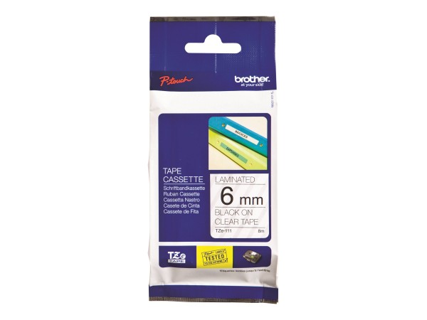 Brother TZe-111 - Standard-Klebstoff - schwarz auf durchsichtig - Rolle (0,6 cm x 8 m) 1 Kassette(n) laminiertes Band - für Brother PT-D210, D600, H110; P-Touch PT-1880, D200, D450, E110, E550, E800, H110, P900