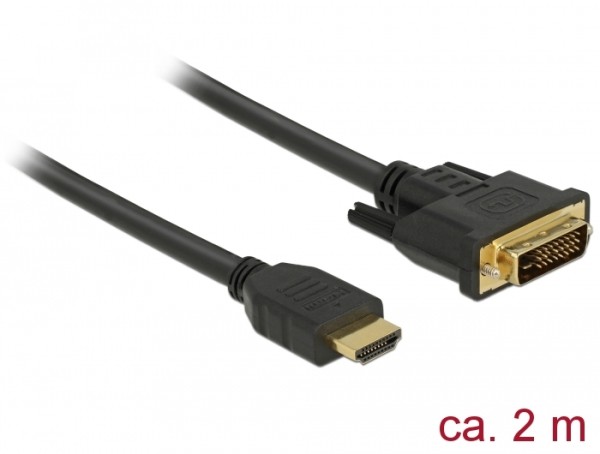 Delock - Adapterkabel - DVI-D männlich zu HDMI männlich - 2 m - Dreifachisolierung - Schwarz - Daumenschrauben