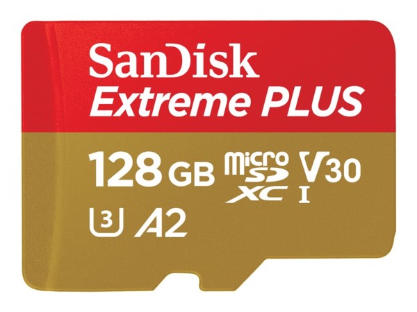 SanDisk Extreme PLUS - Flash-Speicherkarte (microSDXC-an-SD-Adapter inbegriffen) - 128 GB - A2 / Video Class V30 / UHS-I U3 / Class10 - microSDXC UHS-I
