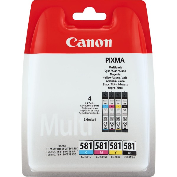 Canon CLI-581 BK/C/M/Y Multi Pack - 4er-Pack - 5.6 ml - Schwarz, Gelb, Cyan, Magenta - Original - Blisterverpackung - Tintenbehälter - für PIXMA TS6250, TS6251, TS6350, TS6351, TS8250, TS8251, TS8252, TS9155, TS9550, TS9551