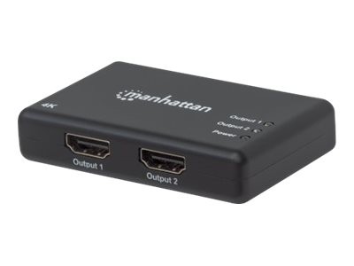 Manhattan HDMI Splitter 2-Port , 4K@30Hz, Displays output from x1 HDMI source to x2 HD displays (same output to both displays), AC Powered (cable 0.9m), Black, Three Year Warranty, Retail Box - Video-/Audio-Splitter - 2 x HDMI - Desktop