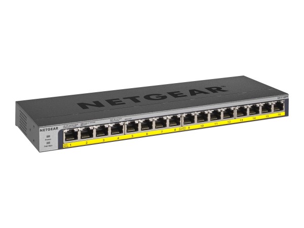 NETGEAR GS116PP - Switch - unmanaged - 16 x 10/100/1000 (PoE+) - Desktop, an Rack montierbar, wandmontierbar - PoE+ (183 W) - Gleichstrom