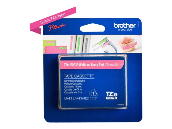 Brother TZe-MQP35 - Matt - Weiß auf Berry Pink - Rolle (1,2 cm x 5 m) 1 Kassette(n) laminiertes Band - für Brother PT-D210, D600, H110, P750, P950; P-Touch PT-E550; P-Touch Cube PT-P300, P910