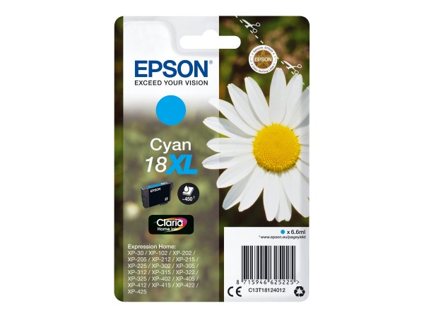 Epson 18XL - 6.6 ml - XL - Cyan - Original - Tintenpatrone - für Expression Home XP-212, 215, 225, 312, 315, 322, 325, 412, 415, 422, 425