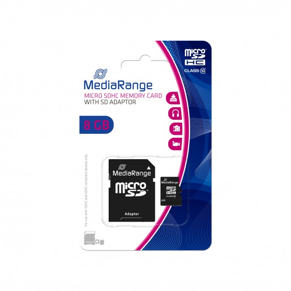 MediaRange - Flash-Speicherkarte (microSDHC/SD-Adapter inbegriffen) - 8 GB - Class 10 - microSDHC - Schwarz