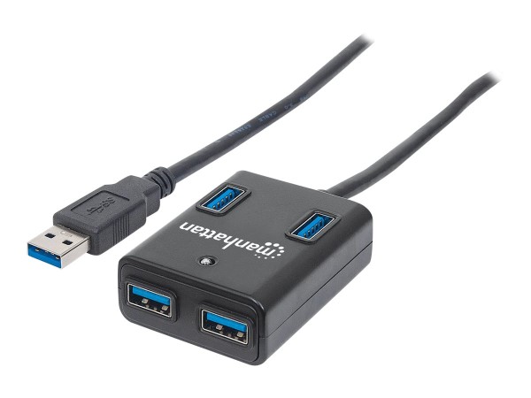 Manhattan USB-A 4-Port Hub, 4x USB-A Ports, 5 Gbps (USB 3.2 Gen1 aka USB 3.0), Bus Power, Equivalent to Startech ST4300MINU3B, Fast charging x1 Port up to 0.9A or x4 Ports with power jack (not included), SuperSpeed USB, Black, Three Year Warranty, Blister - Hub - 4 x SuperSpeed USB 3.0 - Desktop