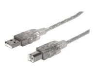 Manhattan USB-A to USB-B Cable, 1.8m, Male to Male, Translucent Silver, 480 Mbps (USB 2.0), Equivalent to Startech USB2HAB6T, Hi-Speed USB, Lifetime Warranty, Polybag - USB-Kabel - USB (M) zu USB Typ B (M) - USB 2.0 - 1.8 m - geformt - Tanslucent Silver