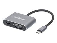 Manhattan USB-C Dock/Hub, Ports (x4):  HDMI, USB-A, USB-C and VGA, With Power Delivery (87W) to USB-C Port (Note add USB-C wall charger and USB-C cable needed), All Ports can be used at the same time, Aluminium, Space Grey, Three Year Warranty, Retail Box - Dockingstation - USB-C 3.2 Gen 1 - VGA, HDMI