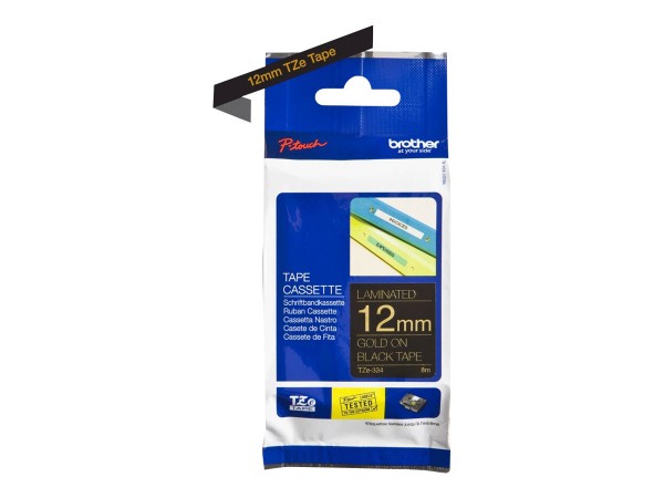 Brother TZe-334 - Selbstklebend - gold auf schwarz - Rolle (1,2 cm x 8 m) 1 Kassette(n) laminiertes Band - für Brother P-Touch Cube PT-P300BTAD, PT-P910BT; Brother P-Touch EDGE PT-P750WVP and P-Touch models.