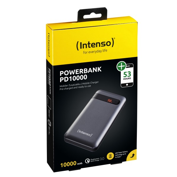 Intenso Powerbank PD10000 - Powerbank - 10000 mAh - 3 A - QC 3.0 (USB-C) - auf Kabel: USB-C - Schwarz