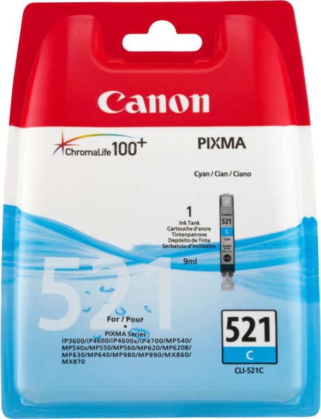 Canon CLI-521C - 9 ml - Cyan - Original - Tintenbehälter - für PIXMA iP3600, iP4700, MP540, MP550, MP560, MP620, MP630, MP640, MP980, MP990, MX860, MX870