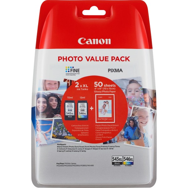 Canon PG-545 XL/CL-546XL Photo Value Pack - 2er-Pack - Hohe Ergiebigkeit - Schwarz, Farbe (Cyan, Magenta, Gelb) - Original - 100 x 150 mm 50 Blatt Blisterverpackung - Tintenpatrone / Papierkit - für PIXMA TR4550, TR4551, TS205, TS305, TS3350, TS3351, TS3352, TS3355, TS3450, TS3451, TS3452