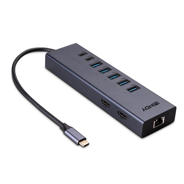 LINDY DST-Mini Duo - Dockingstation - für Smartphone, Tablet, Laptop - USB-C / Thunderbolt 3 / Thunderbolt 4 - 2 x HDMI - GigE - 100 Watt