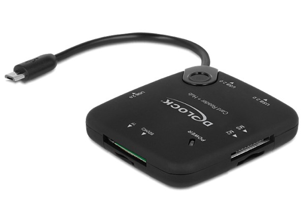 DeLOCK Micro USB OTG Card Reader + 3 port USB Hub - Kartenleser (MS, MS PRO, MMC, SD, MS Duo, MS PRO Duo, RS-MMC, TransFlash, microSD, MMCmicro, SDHC, MS Micro, microSDHC, SDXC, microSDXC, MS PRO-HG) - USB