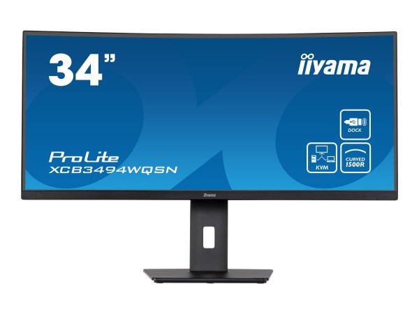iiyama ProLite XCB3494WQSN-B5 - LED-Monitor - gebogen - 86.4 cm (34") - 3440 x 1440 UWQHD @ 120 Hz - VA - 300 cd/m² - 3000:1 - 0.4 ms - HDMI, DisplayPort, USB-C - Lautsprecher - mattschwarz