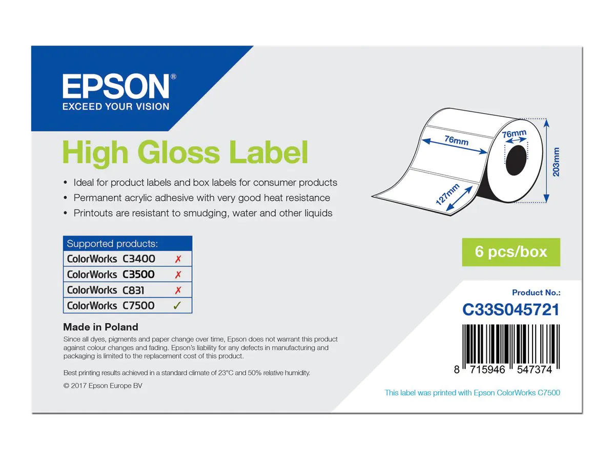 Epson Hochglänzend - permanenter Acrylklebstoff - 76 x 127 mm 960 Etikett(en) (1 Rolle(n)
