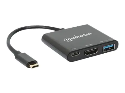 Manhattan USB-C Dock/Hub, Ports (x3): HDMI, USB-A and USB-C, With Power Delivery (100W) to USB-C Port (Note additional USB-C wall charger and USB-C cable needed), Cable 10cm, Black, Three Year Warranty, Retail Box - Dockingstation - USB-C 3.2 Gen 1 -