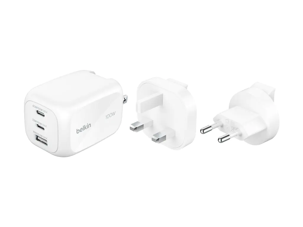 Belkin BoostCharge Pro - Netzteil - GaN - 100 Watt - PD 3.1/PPS - 3 Ausgabeanschlussstellen (2 x USB-C, USB) WCH016HQWH