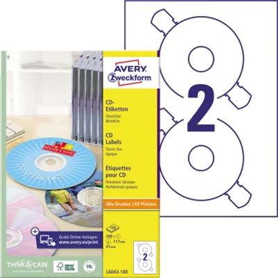 Avery Zweckform CD/DVD-Etikett L6043-100 matt weiß 200 St./Pack. Avery Zweckform CD/DVD-Etikett L6043-100 matt weiß 200 St./Pack.