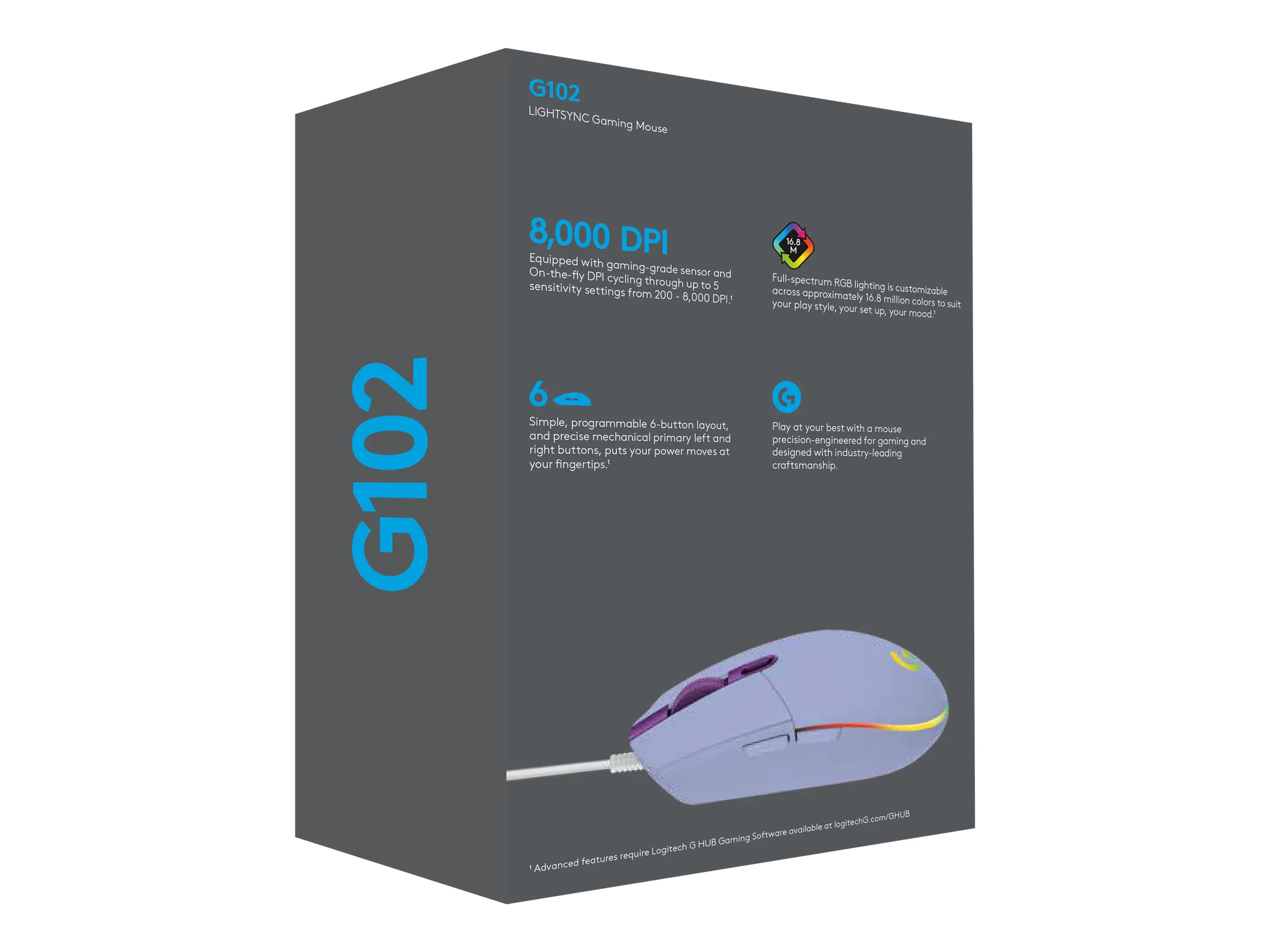 Logitech Gaming Mouse G102 LIGHTSYNC - Maus - Für Rechtshänder - optisch - 6 Tasten - kabelgebunden - USB - fliederfarben
