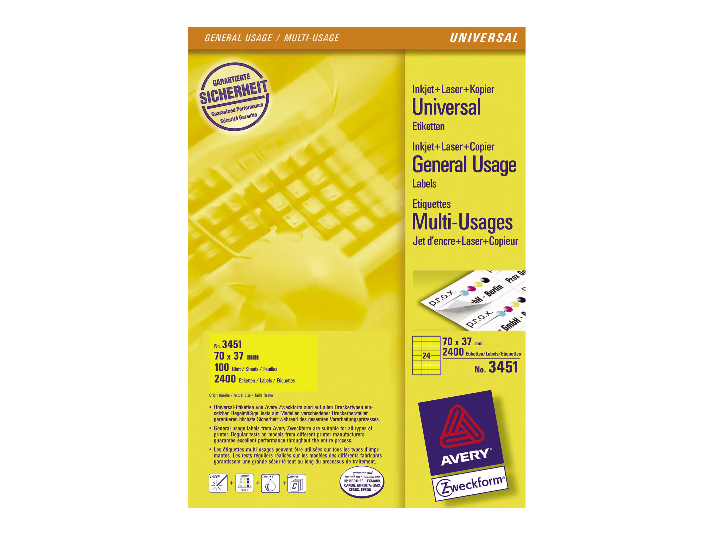 Avery Zweckform Universaletikett 3451 70x37mm gelb 2.400 St./Pack.