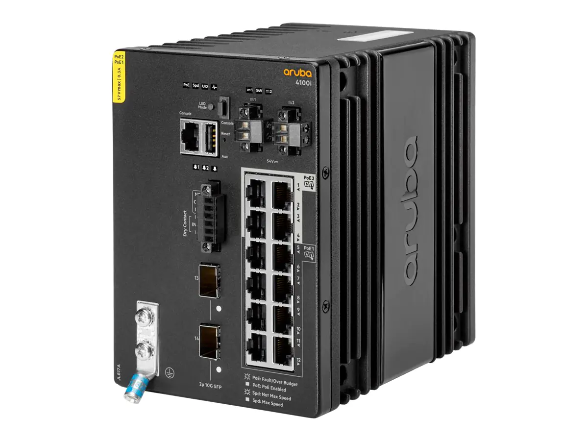 HPE Aruba 4100i - Switch - 8 x 10/100/1000 (PoE Class 4) + 4 x 10/100/1000 (PoE Class 6) + 2 x SFP+ - an DIN-Schiene montierbar - PoE Class 4 / PoE Class 6