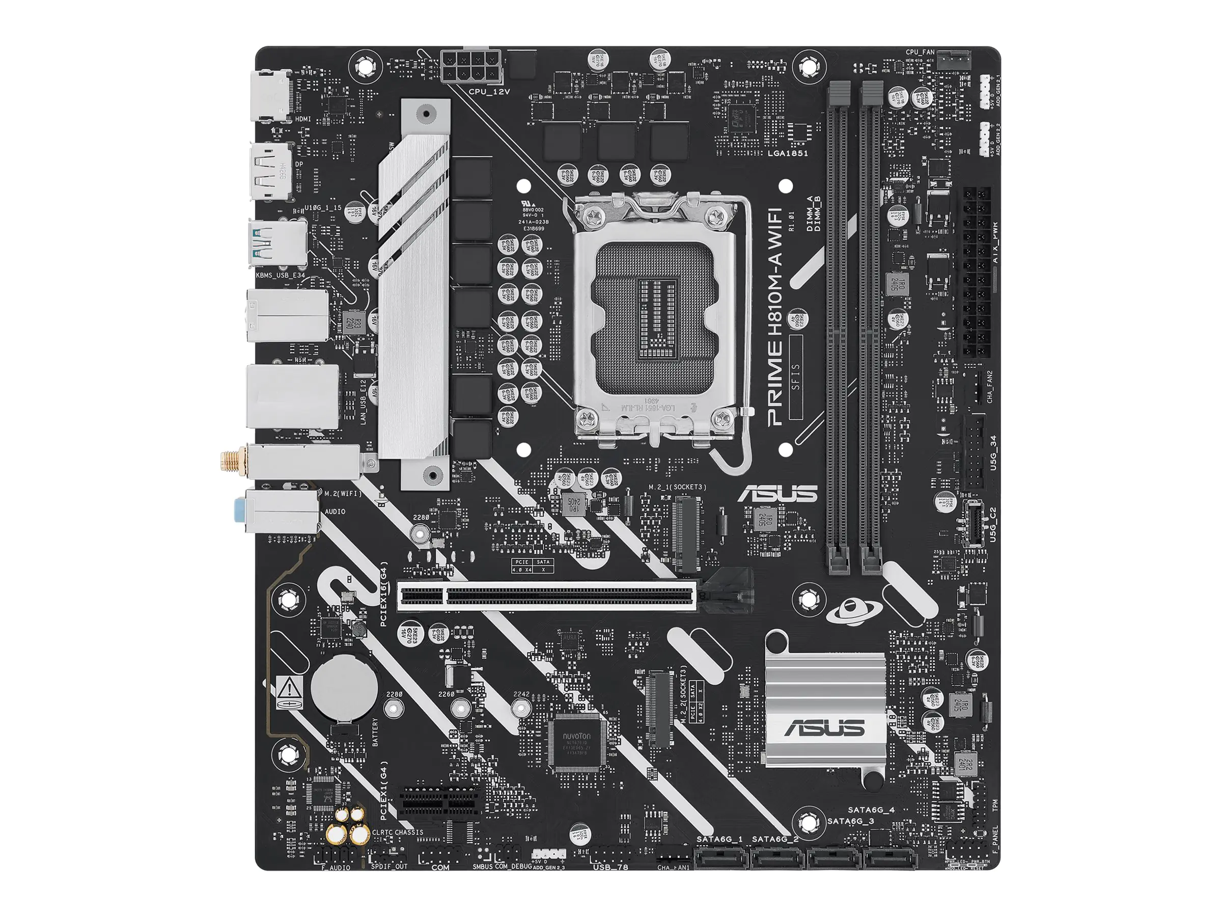 ASUS PRIME H810M-A WIFI - Motherboard - micro ATX - LGA1851-Sockel - H810 Chipsatz - USB-C 3.2 Gen 1, USB 3.2 Gen 2, USB 3.2 Gen 1 - Gigabit LAN, Wi-Fi 6, Bluetooth - Onboard-Grafik (CPU erforderlich) - HD Audio (8-Kanal)