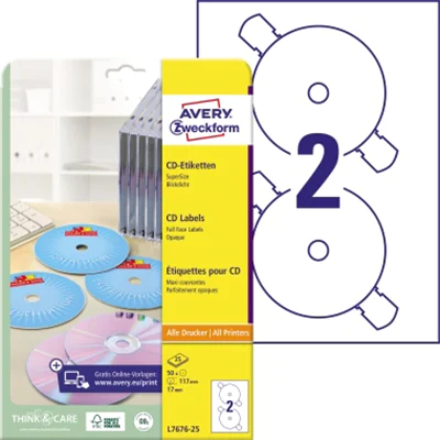Avery Zweckform CD/DVD-Etikett L7676-25 matt 50 St./Pack. Avery Zweckform CD/DVD-Etikett L7676-25 matt 50 St./Pack.