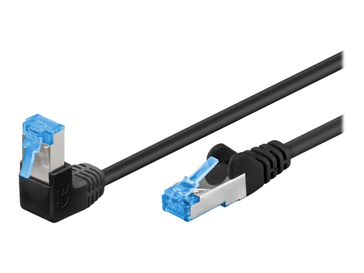 goobay - Patch-Kabel - RJ-45 (M) gewinkelt zu RJ-45 (M) gerade - 50 cm - 6 mm - SFTP, PiMF - CAT 6a - halogenfrei, rund, verseilt - Schwarz