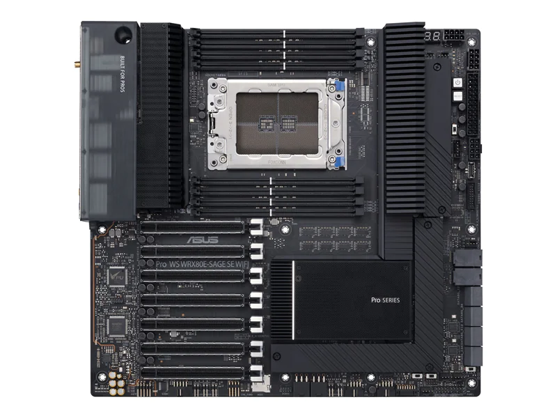 ASUS Pro WS WRX80E-SAGE SE WIFI - Motherboard - E-ATX - Socket sWRX8 - AMD WRX80 Chipsatz - USB-C Gen 2x2, USB-C Gen2, USB 3.2 Gen 2, USB 3.2 Gen 1 - 2 x 10 Gigabit LAN, Wi-Fi 6, Bluetooth - HD Audio (8-Kanal) ASUS Pro WS WRX80E-SAGE SE WIFI - Motherboard - E-ATX - Socket sWRX8 - AMD WRX80 Chipsatz - USB-C Gen 2x2, USB-C Gen2, USB 3.2 Gen 2, USB 3.2 Gen 1 - 2 x 10 Gigabit LAN, Wi-Fi 6, Bluetooth - HD Audio (8-Kanal)