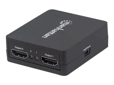 Manhattan HDMI Splitter 2-Port , 1080p, Black, Displays output from x1 HDMI source to x2 HD displays (same output to both displays), USB-A Powered (cable included, 0.7m), Three Year Warranty, Retail Box - Video-/Audio-Splitter - 2 x HDMI - Desktop