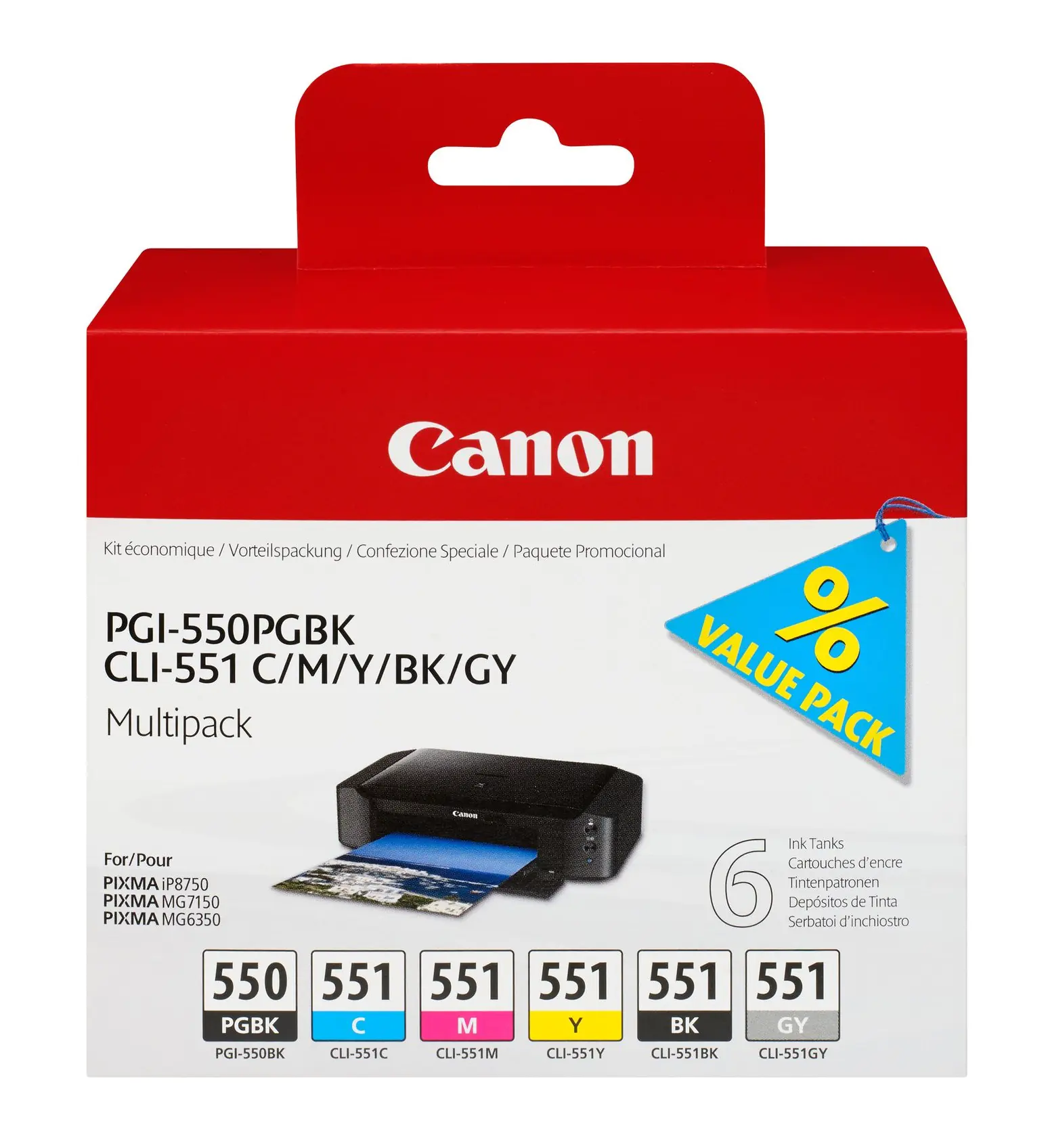 Canon PGI-550/CLI-551 PGBK/C/M/Y/BK/GY Multi Pack - 6er-Pack - Grau, Schwarz, Gelb, Cyan, Magenta - Original - Tintenbehälter - für PIXMA iP7250, iP8750, iX6850, MG5550, MG5650, MG6450, MG6650, MG7150, MG7550, MX725, MX925 Canon PGI-550/CLI-551 PGBK/C/M/Y/BK/GY Multi Pack - 6er-Pack - Grau, Schwarz, Gelb, Cyan, Magenta - Original - Tintenbehälter - für PIXMA iP7250, iP8750, iX6850, MG5550, MG5650, MG6450, MG6650, MG7150, MG7550, MX725, MX925