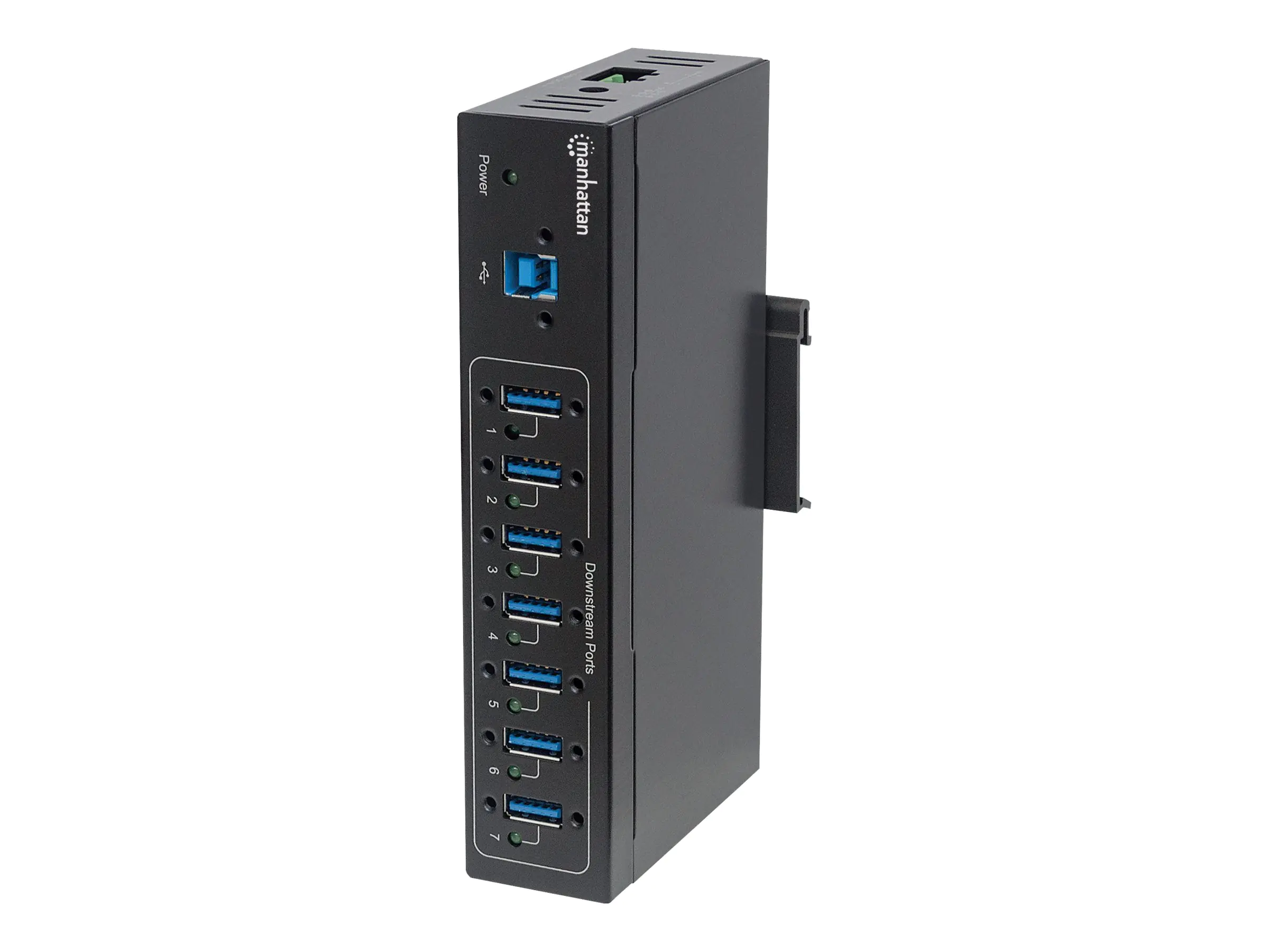 Manhattan USB-A 7-Port Hub Industrial, 7x USB-A Ports, 5 Gbps (USB 3.2 Gen1 aka USB 3.0), 20 kV ESD Protection, A/C, Bus and Terminal-Block Power Options, DIN Rail, Wall Mountable, Metal Housing, Screw-Lock Security, SuperSpeed USB, Black, Three Year Warr