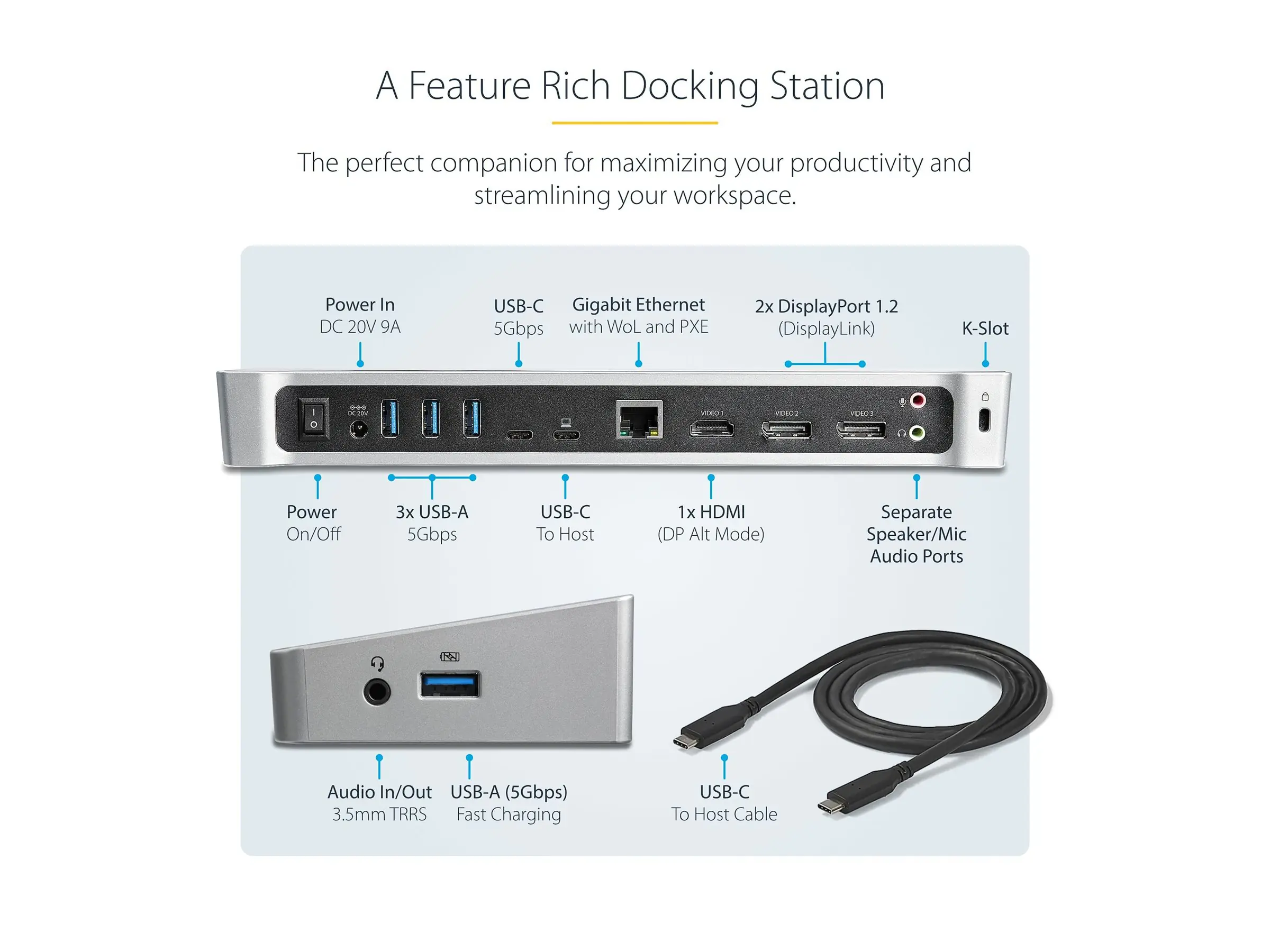 StarTech USB-C Dockingstation - Drei 4K Monitor Docking station mit zwei DisplayPort & HDMI - 100W Power Delivery - USB-C, 4x USB-A Hub - USB 3.1 Gen 1 Typ-C Dock - Windows & Mac (DK30CH2DEPUE) - Dockingstation - USB-C - HDMI, DP - 1GbE - 100 Watt -