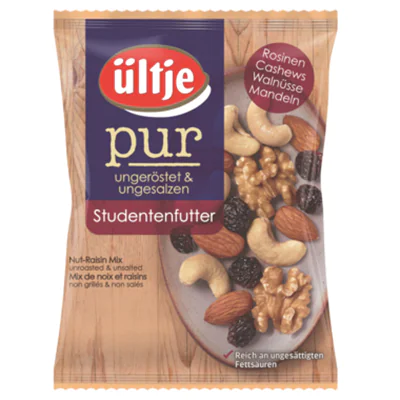 ültje Studentenfutter Pur Rosinen, naturbelassene Cashews, Walnüsse, Mandeln 150 g/Pack. ültje Studentenfutter Pur Rosinen, naturbelassene Cashews, Walnüsse, Mandeln 150 g/Pack.