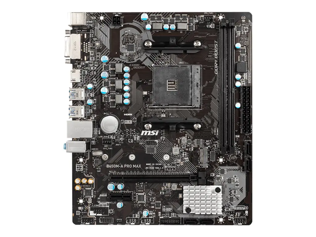 MSI B450M-A PRO MAX - Motherboard - micro ATX - Socket AM4 - AMD B450 Chipsatz - USB 3.2 Gen 1 - Gigabit LAN - Onboard-Grafik (CPU erforderlich) - HD Audio (8-Kanal)