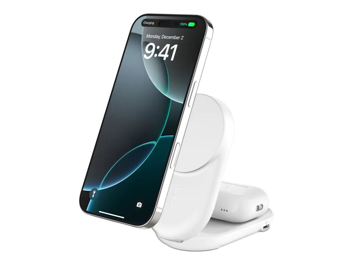 Belkin UltraCharge - Kabelloses Ladegerät - 2-in-1, Qi2, magnetisch, faltbar + AC-Netzteil - 25 Watt - Ultra Fast Charge (USB-C) WIZ039KQWH