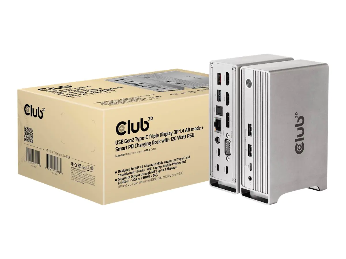 Club 3D - Dockingstation - USB-C - VGA, 2 x HDMI, DP - 1GbE - 120 Watt