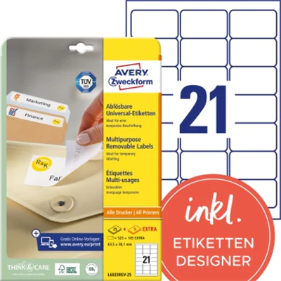 Avery Zweckform Etikett L6023REV-25 63,5x38,1mm weiß 630 St./Pack. Avery Zweckform Etikett L6023REV-25 63,5x38,1mm weiß 630 St./Pack.