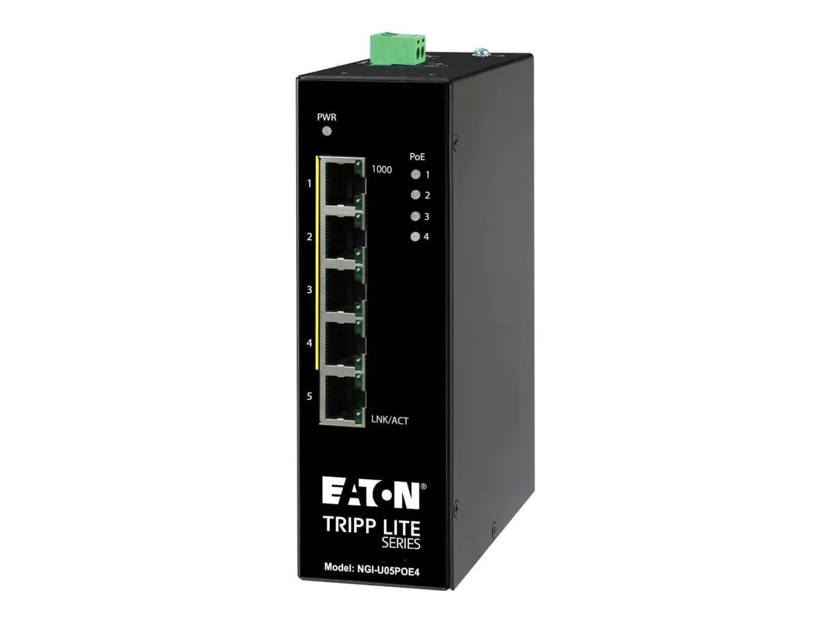 Eaton Tripp Lite series Unmanaged Industrial Gigabit Ethernet Switch 5-Port - 10/100/1000 Mbps, PoE+ 30W, DIN Mount - Switch - unmanaged - 4 x 10/100/1000 (PoE+) NGI-U05POE4