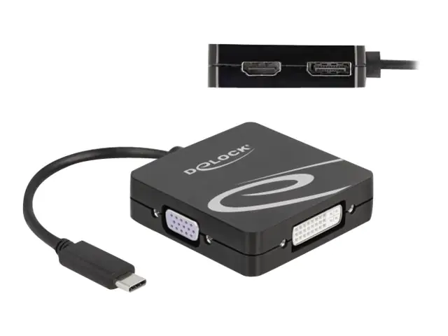 Delock - High Speed - Videoadapter - Single Link - 24 pin USB-C männlich zu 15 pin D-Sub (DB-15), DVI-I, HDMI, DisplayPort weiblich - 10 cm - Schwarz - 4K60Hz (3840 x 2160) Support (DP), 1080p-Unterstützung, 60 Hz (VGA), 1.200 Pixel Support 60 Hz (DVI)