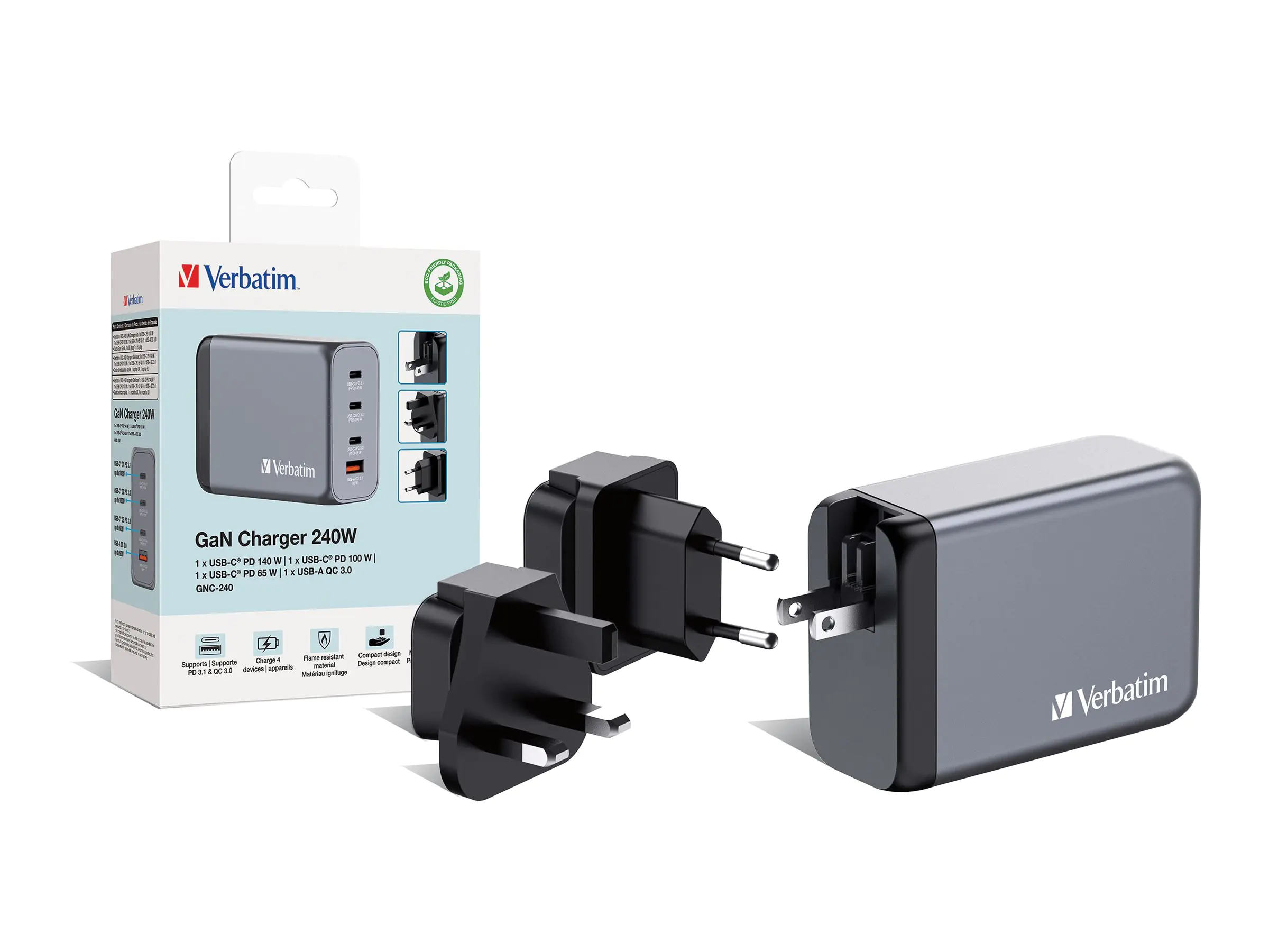 Verbatim Netzteil - GaN - 240 Watt - 5 A - Power Delivery 3.1, QC 3.0, PD 3.0, PD/PPS - 4 Ausgabeanschlussstellen (3 x USB-C, USB Typ A) 32205