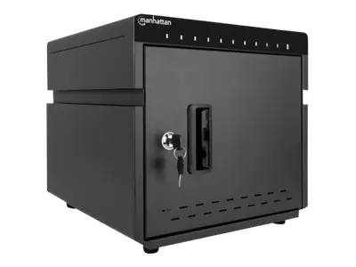 Manhattan Charging Cabinet/Cart via USB-C x10 Devices Desktop, Power Delivery 18W per port (180W total), Suitable for iPads/other tablets/phones, Bays 264x22x235mm, Device charging cables not included, Silent Ventilation, Lockable (2 keys), EU & UK power